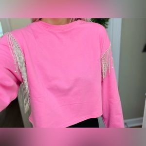 Main Strip Pink Cropped Sweatshirt with Rhinestone Fringe